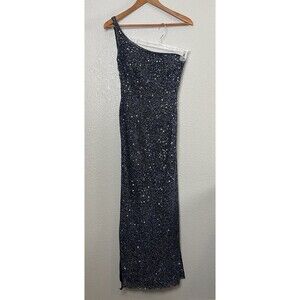 Vtg Scala Beaded Silk Dress Gown Black Blue One Shoulder Lattice Back Slits Sz M